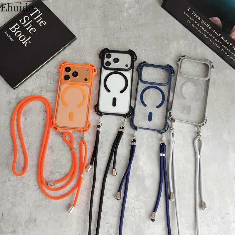 Lanyard UAV Case For iPhone 17 Pro Max 15 13 16 14 Plus 12 Magnetic Wireless Charging Four-Corner Shockproof Strap Clear Cover