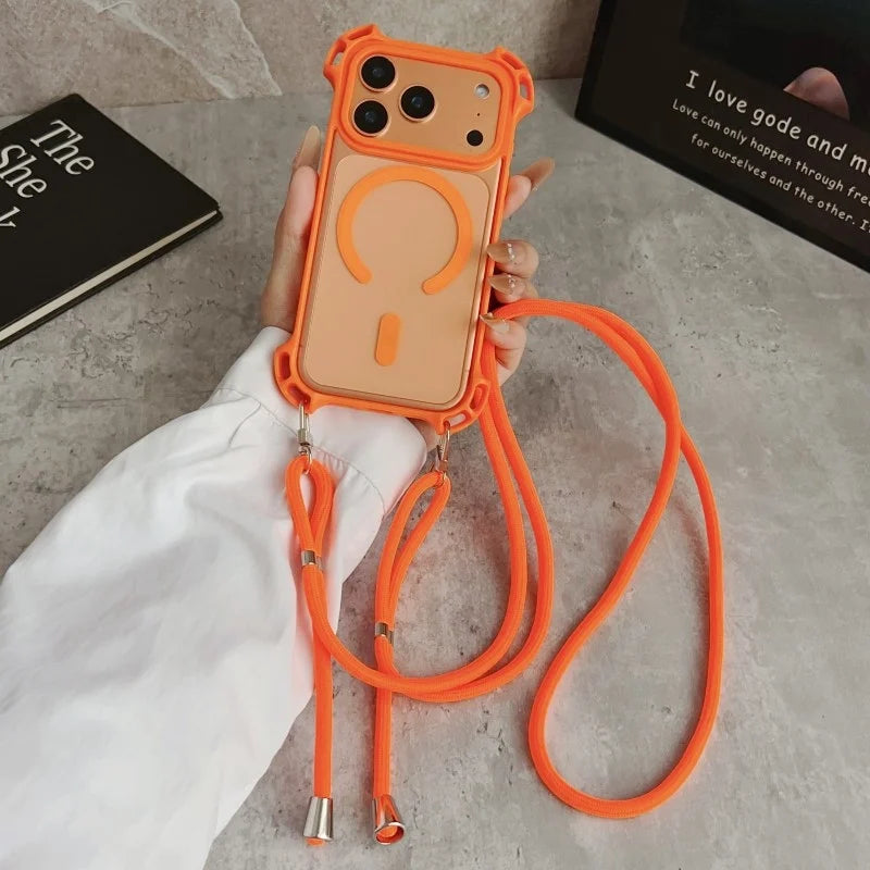 Lanyard UAV Case For iPhone 17 Pro Max 15 13 16 14 Plus 12 Magnetic Wireless Charging Four-Corner Shockproof Strap Clear Cover