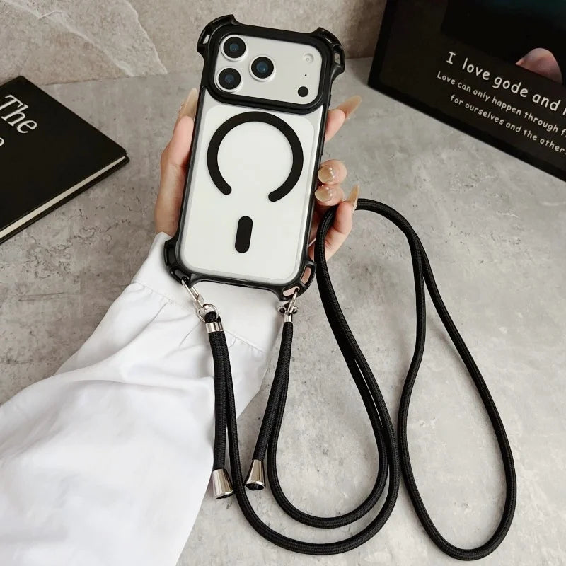 Lanyard UAV Case For iPhone 17 Pro Max 15 13 16 14 Plus 12 Magnetic Wireless Charging Four-Corner Shockproof Strap Clear Cover