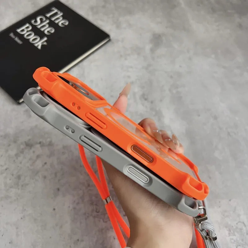 Lanyard UAV Case For iPhone 17 Pro Max 15 13 16 14 Plus 12 Magnetic Wireless Charging Four-Corner Shockproof Strap Clear Cover