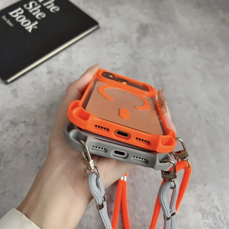 Lanyard UAV Case For iPhone 17 Pro Max 15 13 16 14 Plus 12 Magnetic Wireless Charging Four-Corner Shockproof Strap Clear Cover