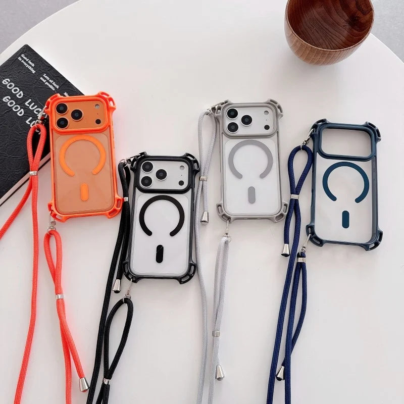 Lanyard UAV Case For iPhone 17 Pro Max 15 13 16 14 Plus 12 Magnetic Wireless Charging Four-Corner Shockproof Strap Clear Cover