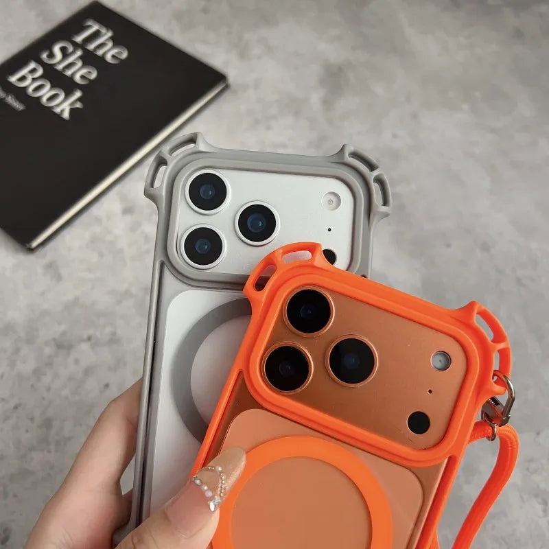 Lanyard UAV Case For iPhone 17 Pro Max 15 13 16 14 Plus 12 Magnetic Wireless Charging Four-Corner Shockproof Strap Clear Cover