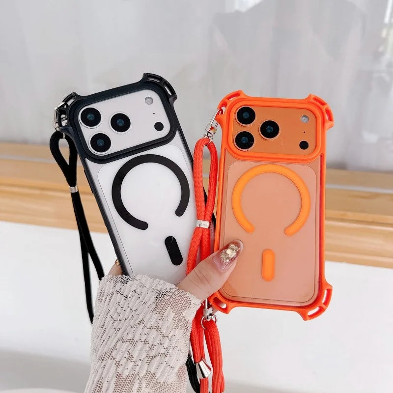 Lanyard UAV Case For iPhone 17 Pro Max 15 13 16 14 Plus 12 Magnetic Wireless Charging Four-Corner Shockproof Strap Clear Cover