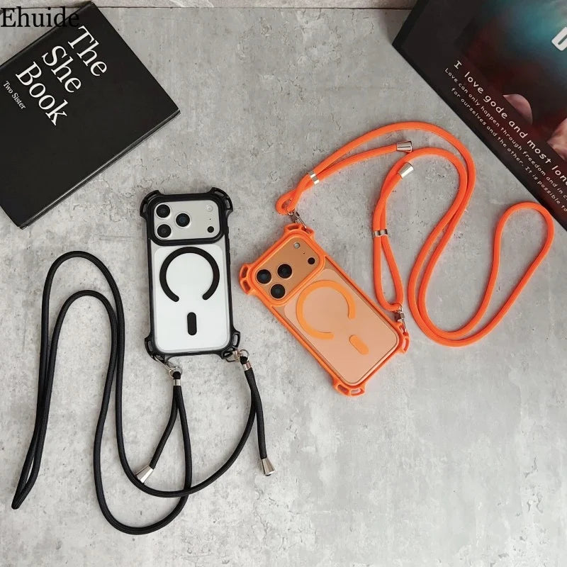 Lanyard UAV Case For iPhone 17 Pro Max 15 13 16 14 Plus 12 Magnetic Wireless Charging Four-Corner Shockproof Strap Clear Cover