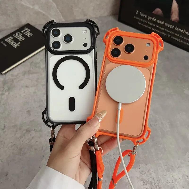 Lanyard UAV Case For iPhone 17 Pro Max 15 13 16 14 Plus 12 Magnetic Wireless Charging Four-Corner Shockproof Strap Clear Cover