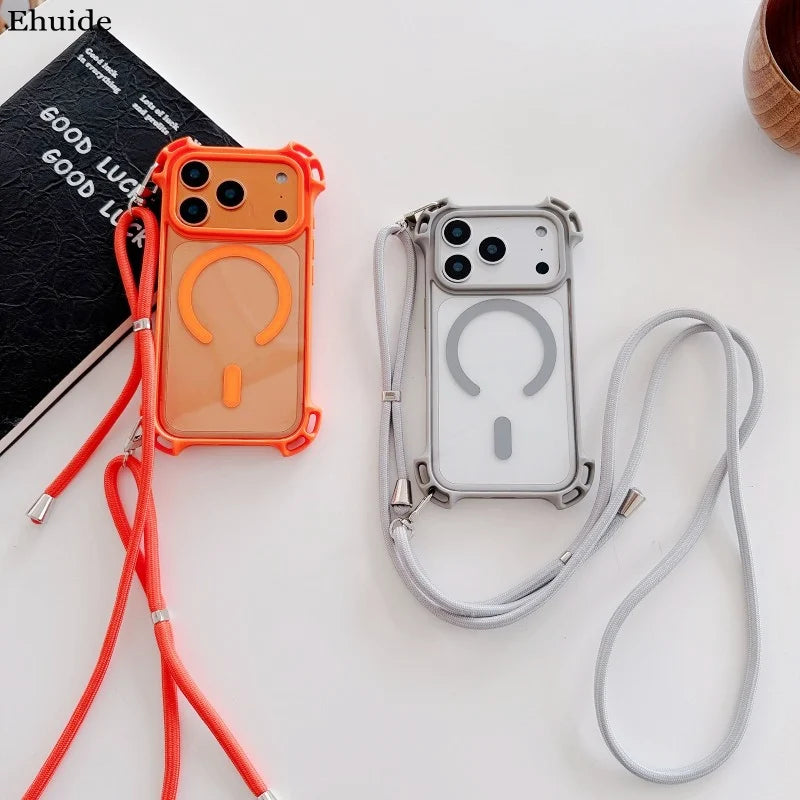 Lanyard UAV Case For iPhone 17 Pro Max 15 13 16 14 Plus 12 Magnetic Wireless Charging Four-Corner Shockproof Strap Clear Cover