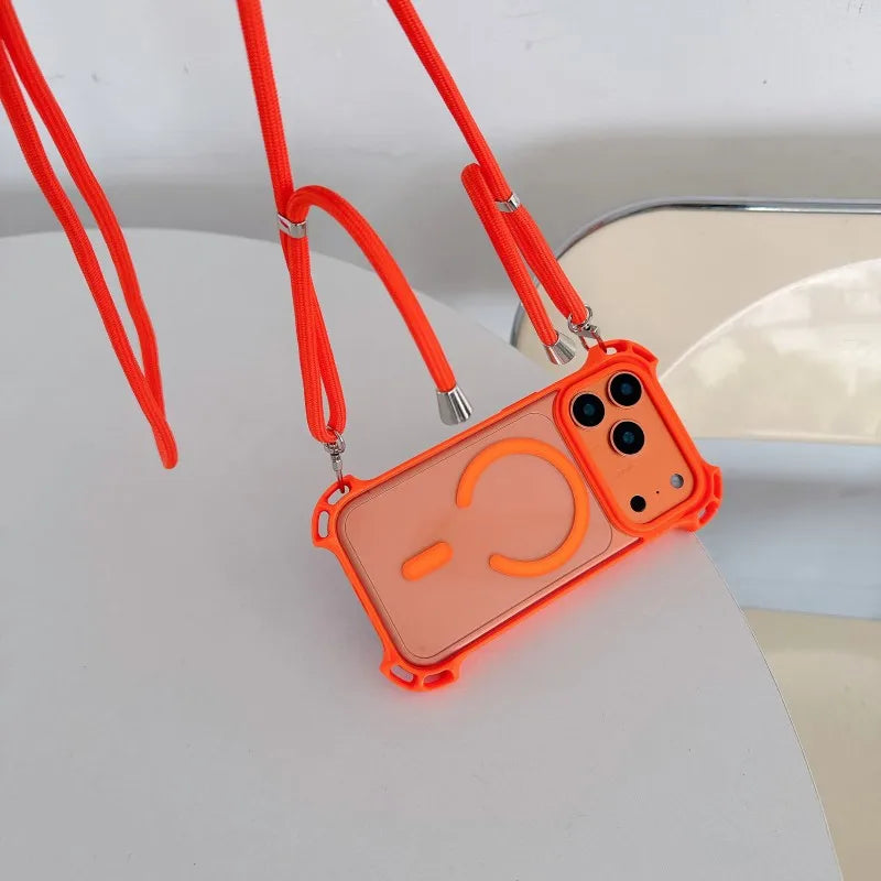 Lanyard UAV Case For iPhone 17 Pro Max 15 13 16 14 Plus 12 Magnetic Wireless Charging Four-Corner Shockproof Strap Clear Cover