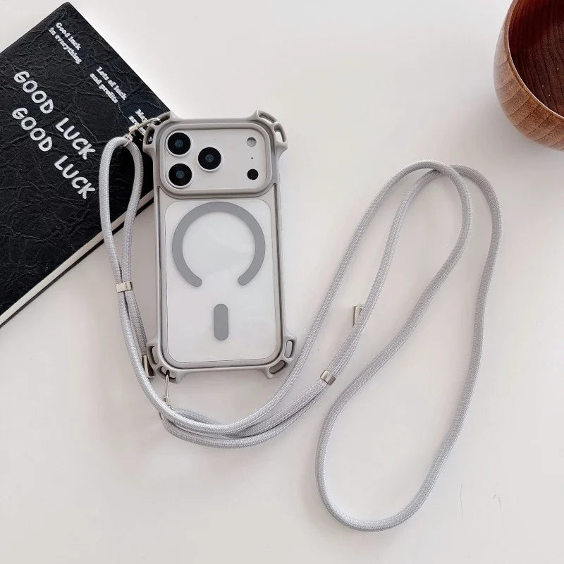 Lanyard UAV Case For iPhone 17 Pro Max 15 13 16 14 Plus 12 Magnetic Wireless Charging Four-Corner Shockproof Strap Clear Cover
