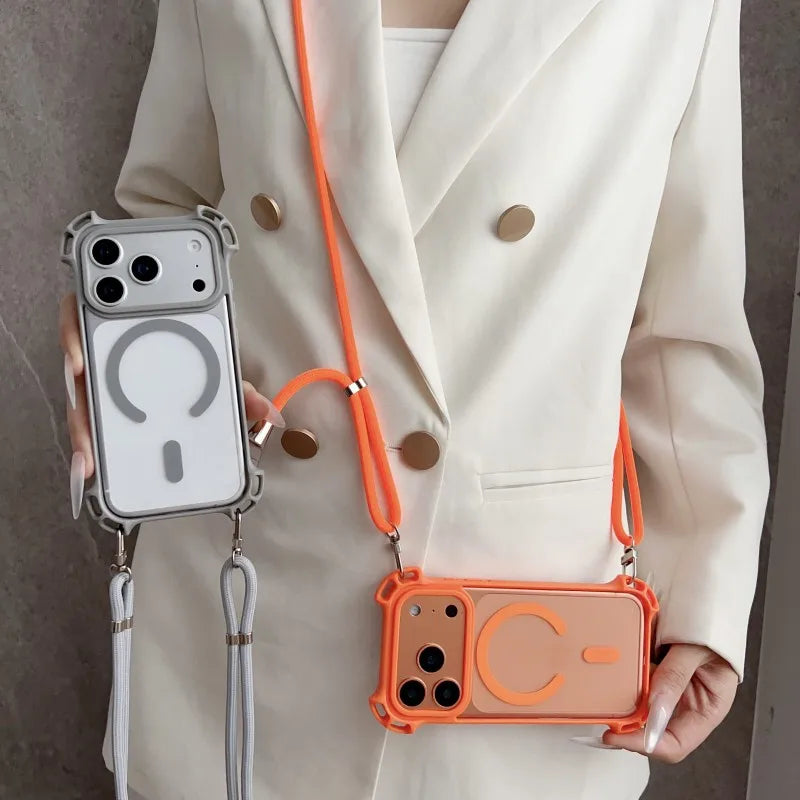 Lanyard UAV Case For iPhone 17 Pro Max 15 13 16 14 Plus 12 Magnetic Wireless Charging Four-Corner Shockproof Strap Clear Cover